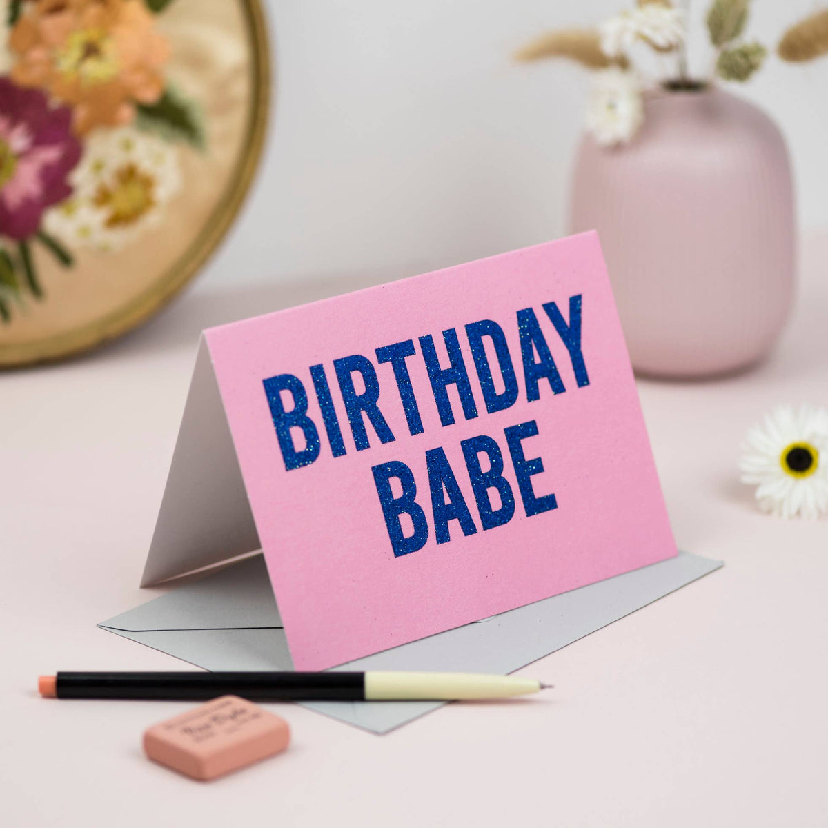 Birthday Babe Pink and Blue Glitter Birthday Card: Naked