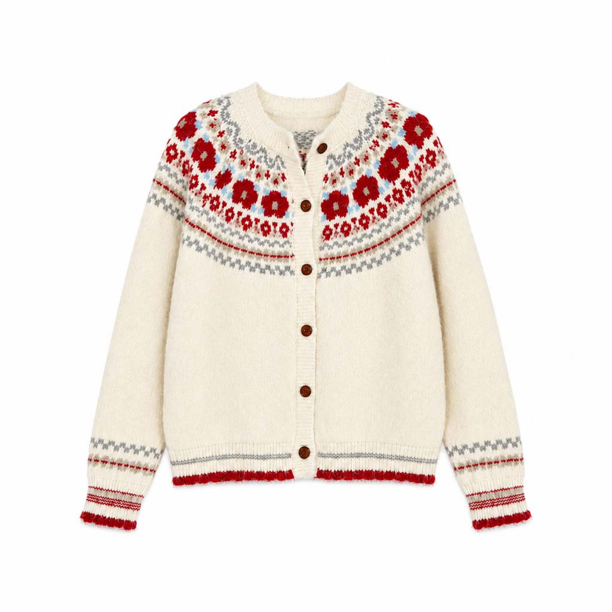 Fair Isle Cardigan in Cream & Red: One-Size