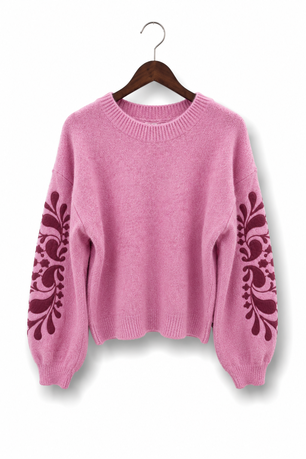 Knitted Jumper with Embroidered Sleeves - Pink
