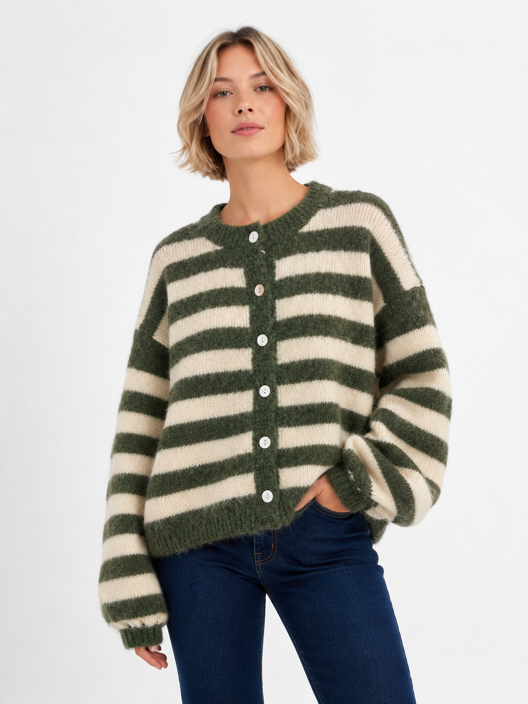 Striped Knit Cardigan - Green / One size
