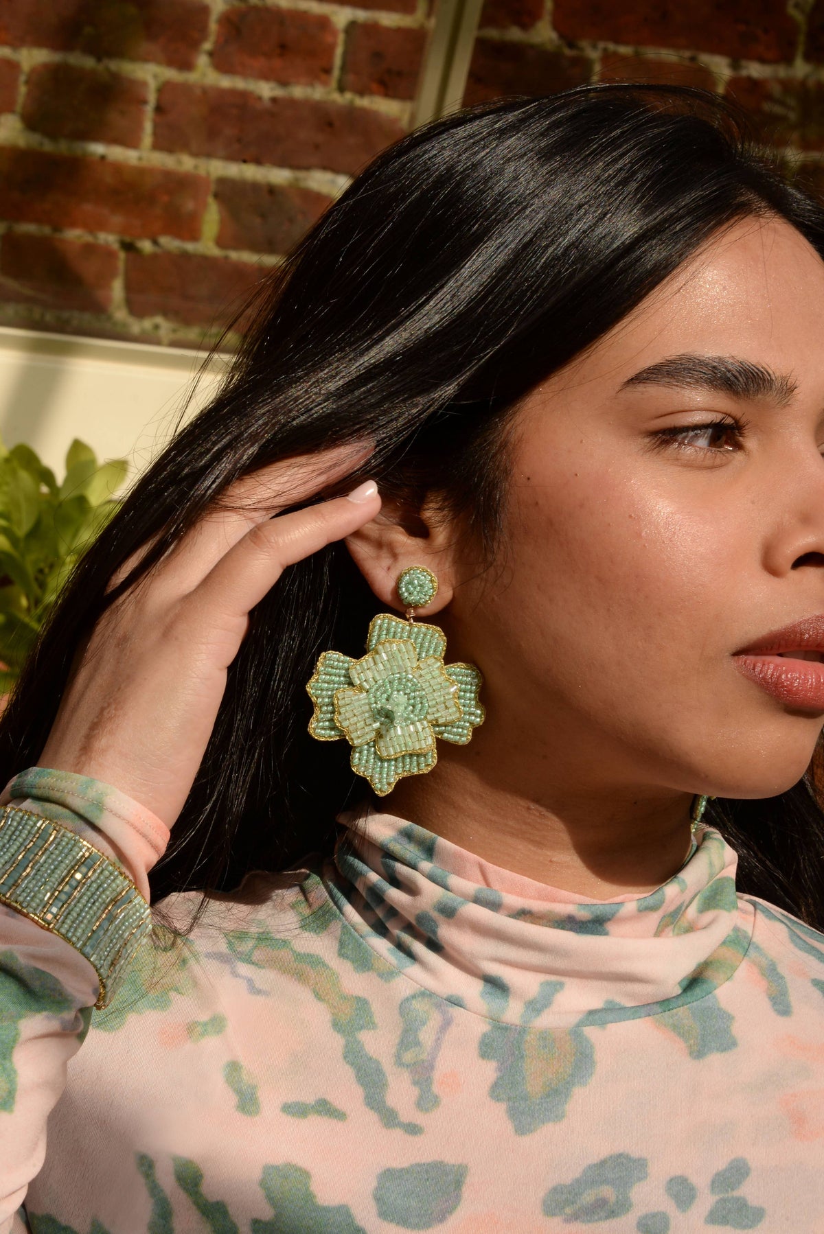 Mint Large Beaded Flower Earrings