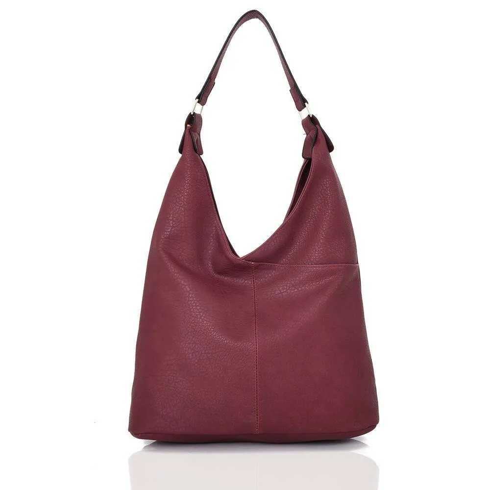 Leather Slouchy Tote Shoulder Bag - Deep Red