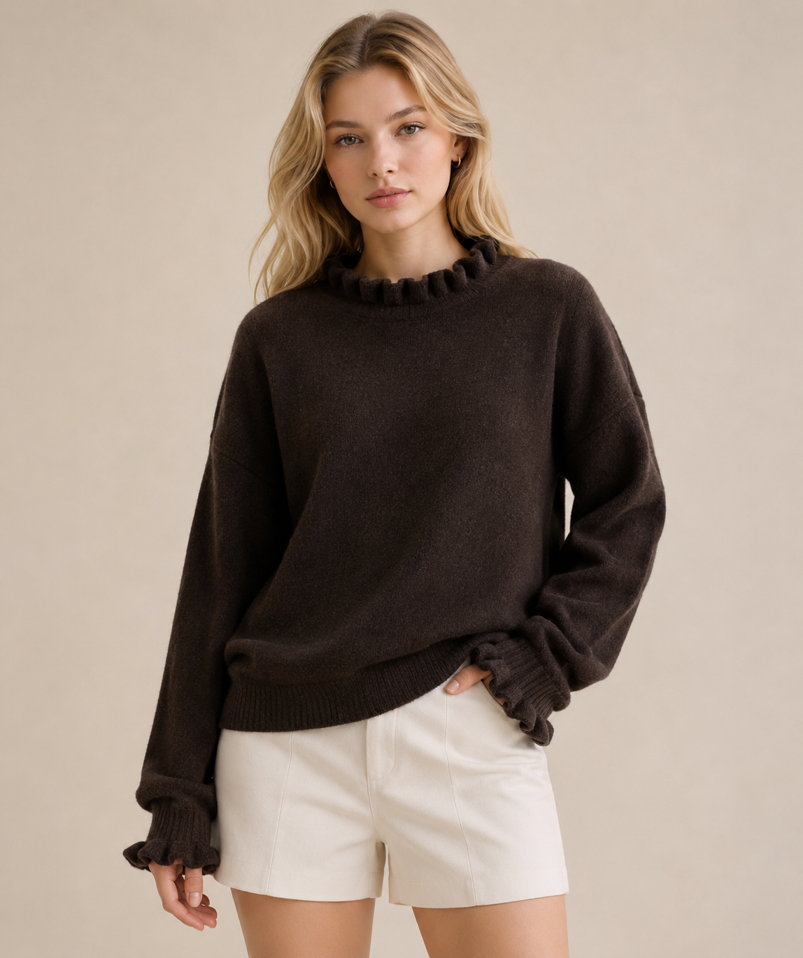 Frill Trim Soft Knit Jumper - Chocolate