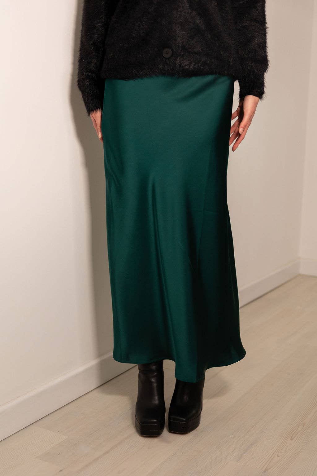 Satin Slip Skirt in Forest Green