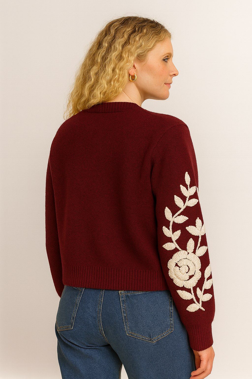 Floral Embroidered Cardigan - Bordeaux
