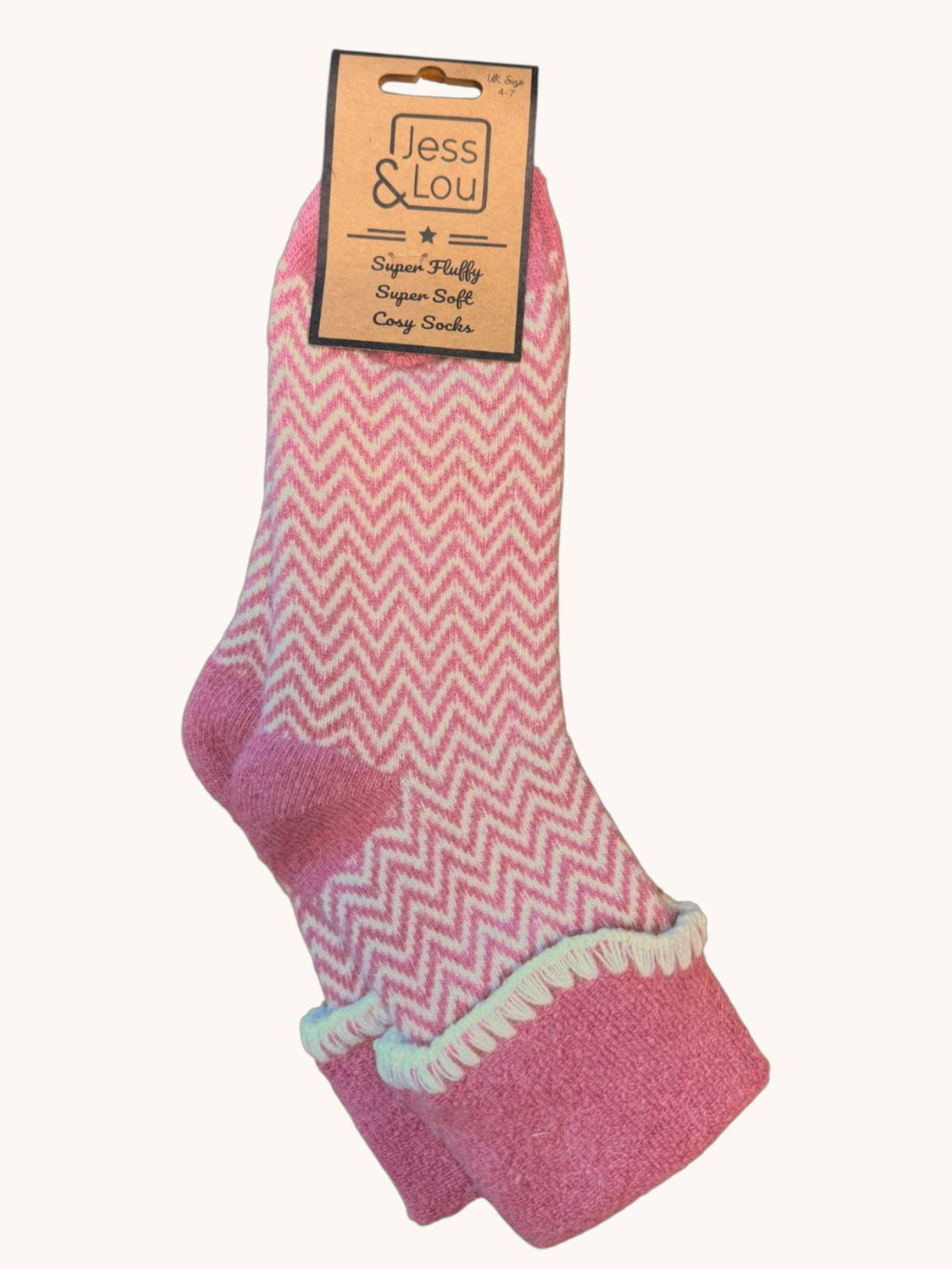 Pink Cuff Herringbone Cosy Socks