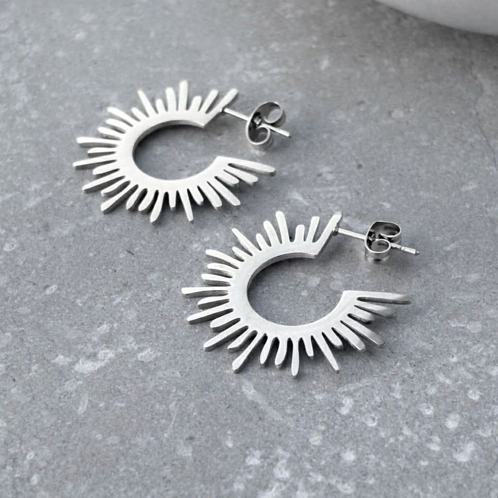 Tarnish Resistant Sunburst Stud Earrings: Silver