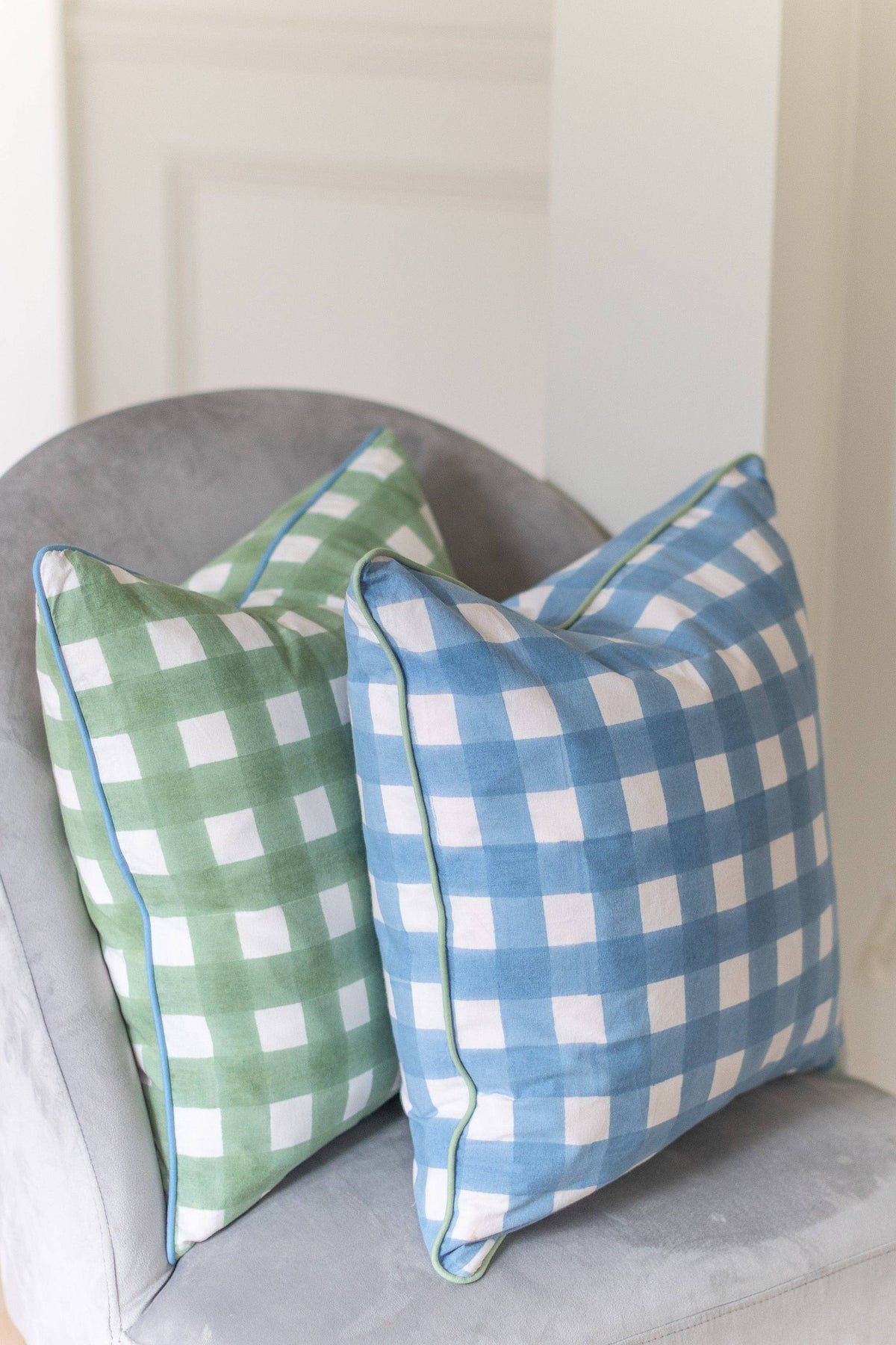 Gingham Green Piped Cushion