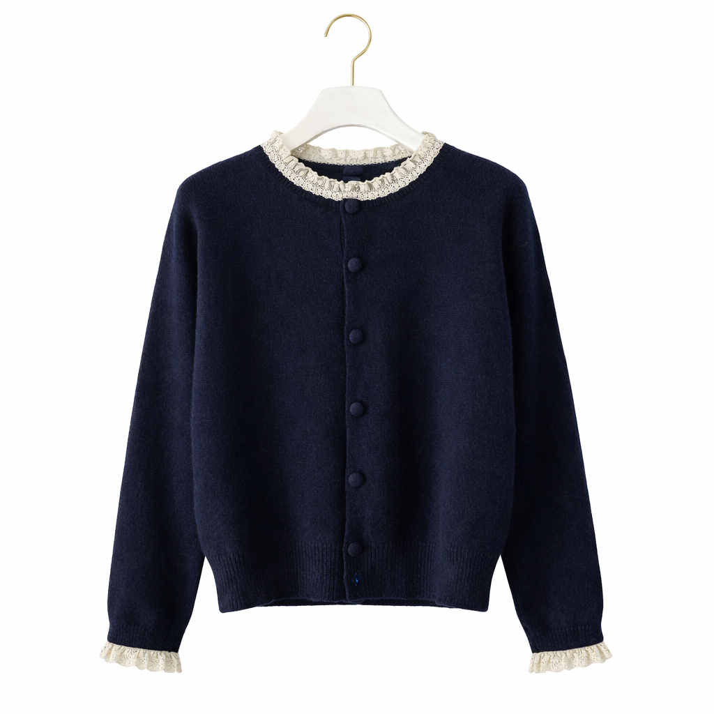 Amelia Lace Trimmed Cardigan in Navy