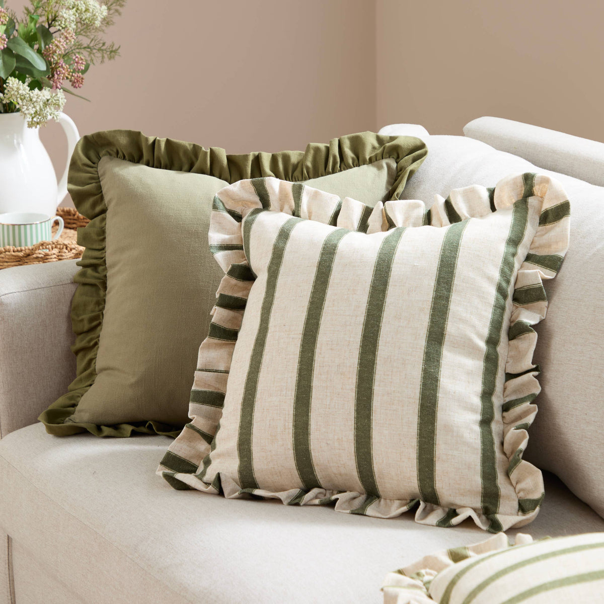 Stripe & Ruffle Cushion in Moss