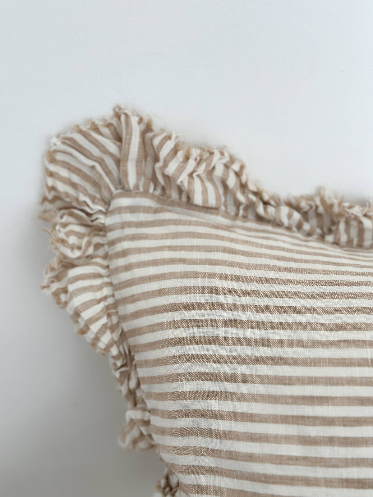 Hallie Ruffled Linen Cushion – Light Brown Stripe