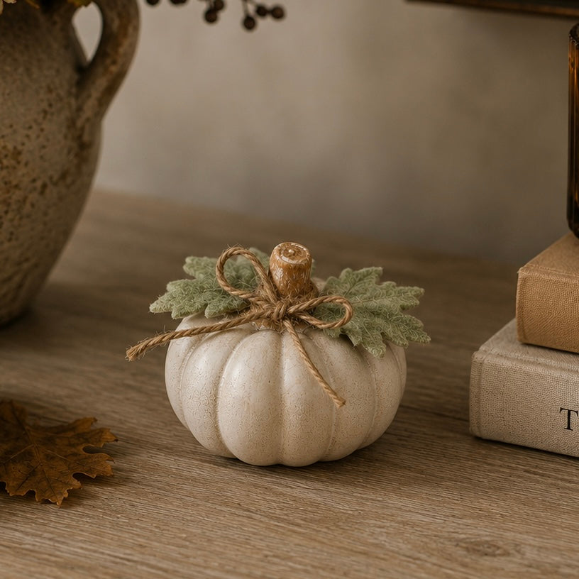 Cream Pumpkin with Leaves and Twine