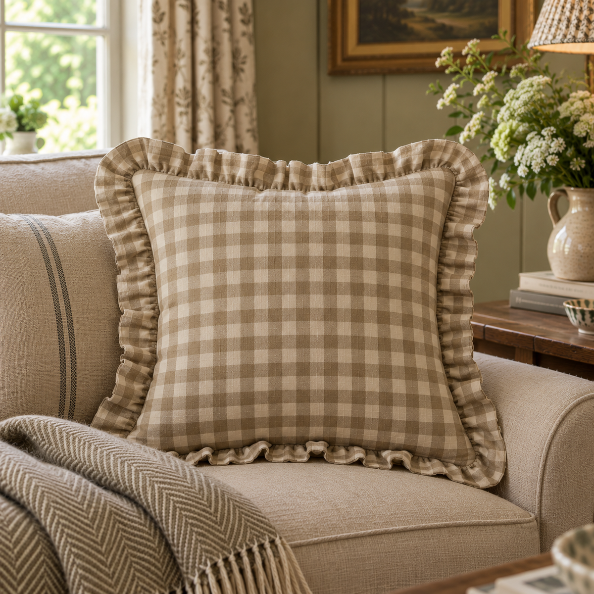Beige Gingham Frill Edge Cushion