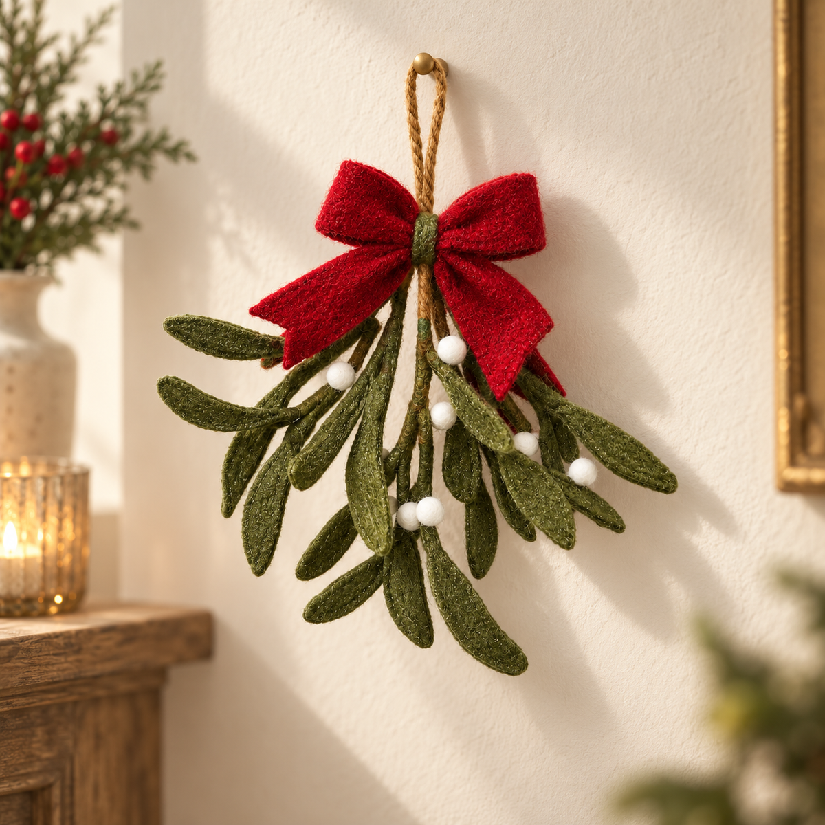 Wool Hanging Mistletoe Bunch with Bow