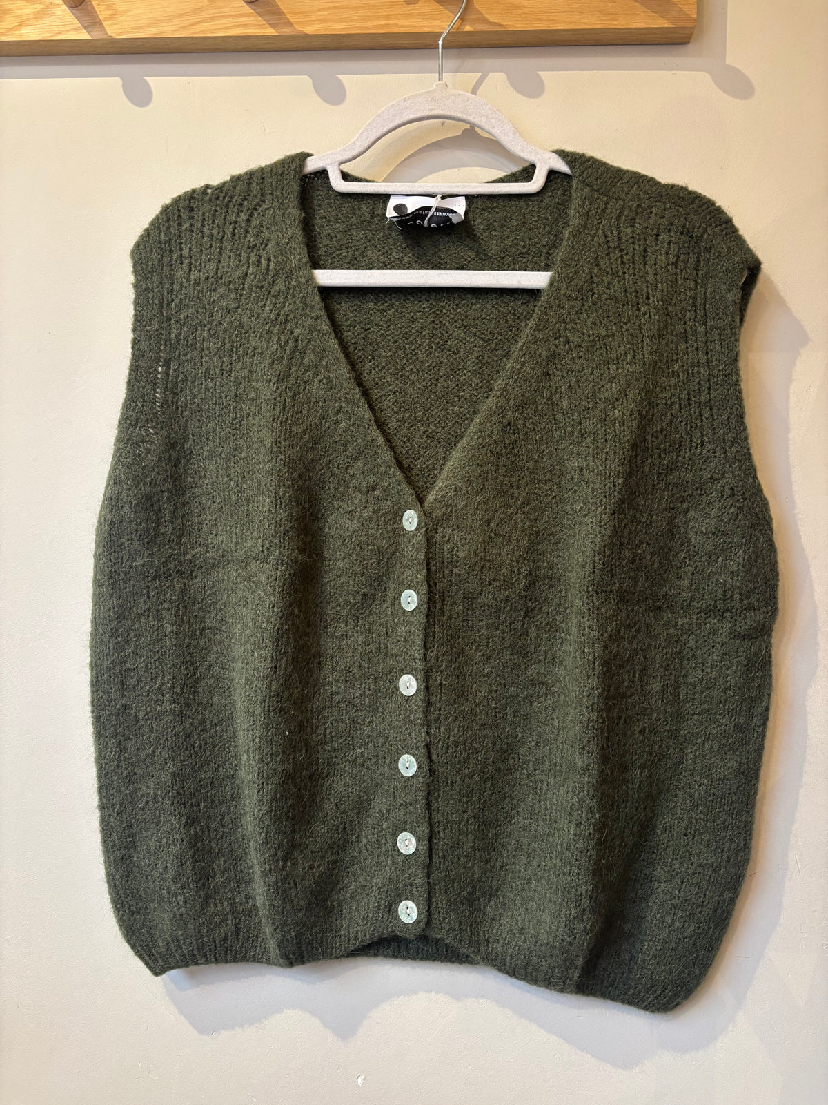V Neck Button Down Mohair Vest - Khaki