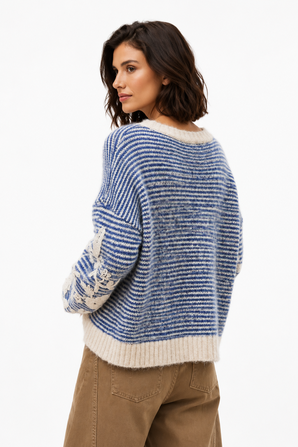 Jumper with floral embroidery - Blue stripe / One size
