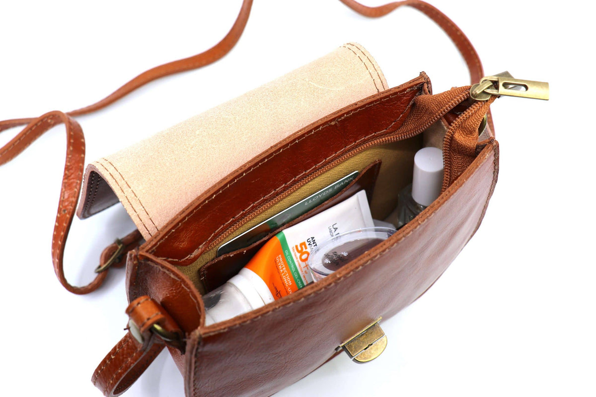 Italian Leather Crossbody Saddle Bag with Turn Lock: Brown