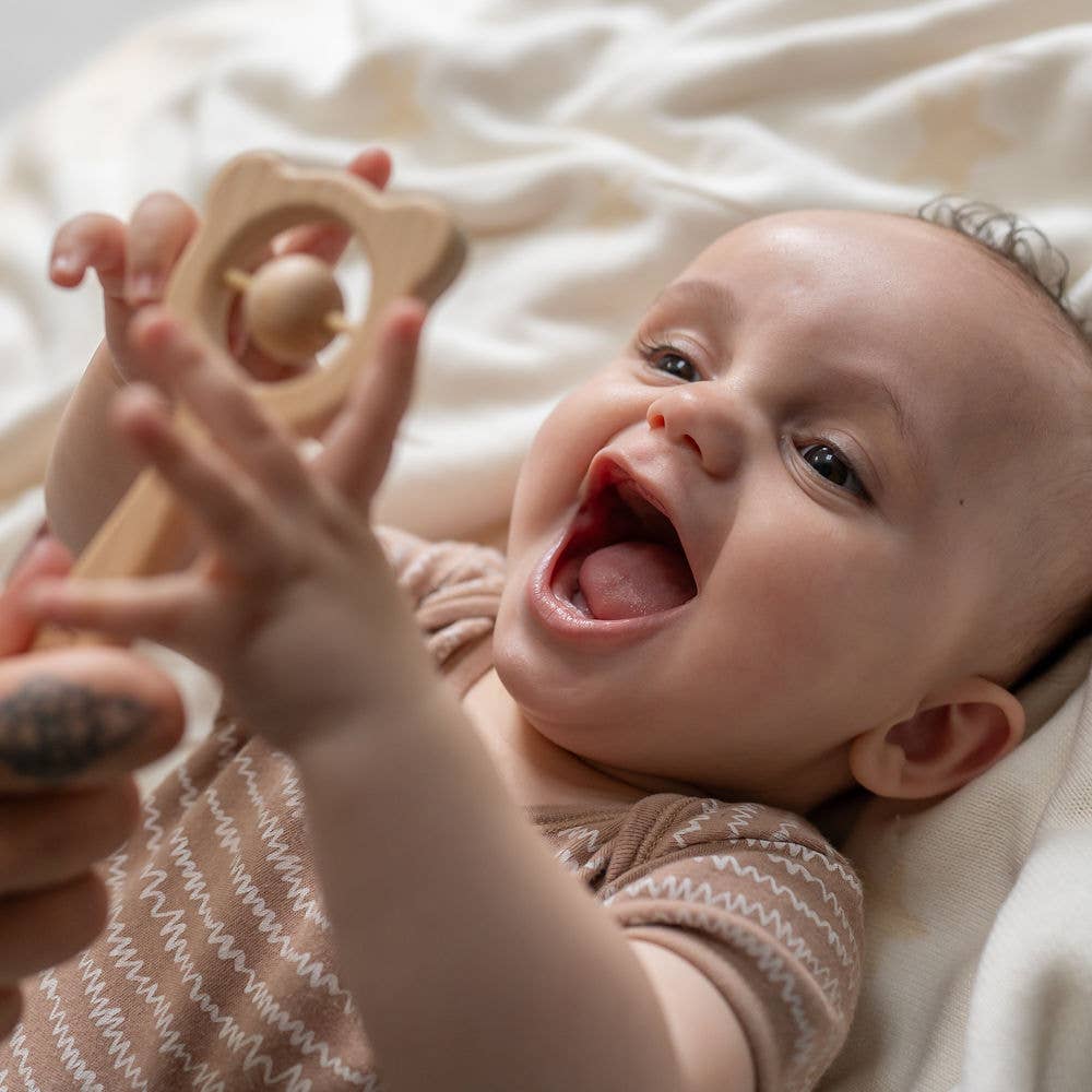 Wooden teether and rattle - blue grey