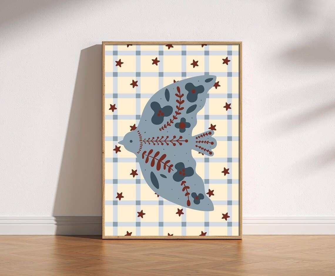 Vintage Blue Bird Folk Art Print: A4