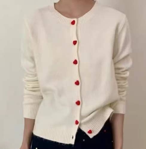 Heart Button Cardigan in Cream & Red