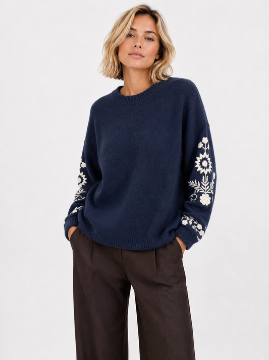 Knitted Jumper with Embroidered Sleeve Details - Navy