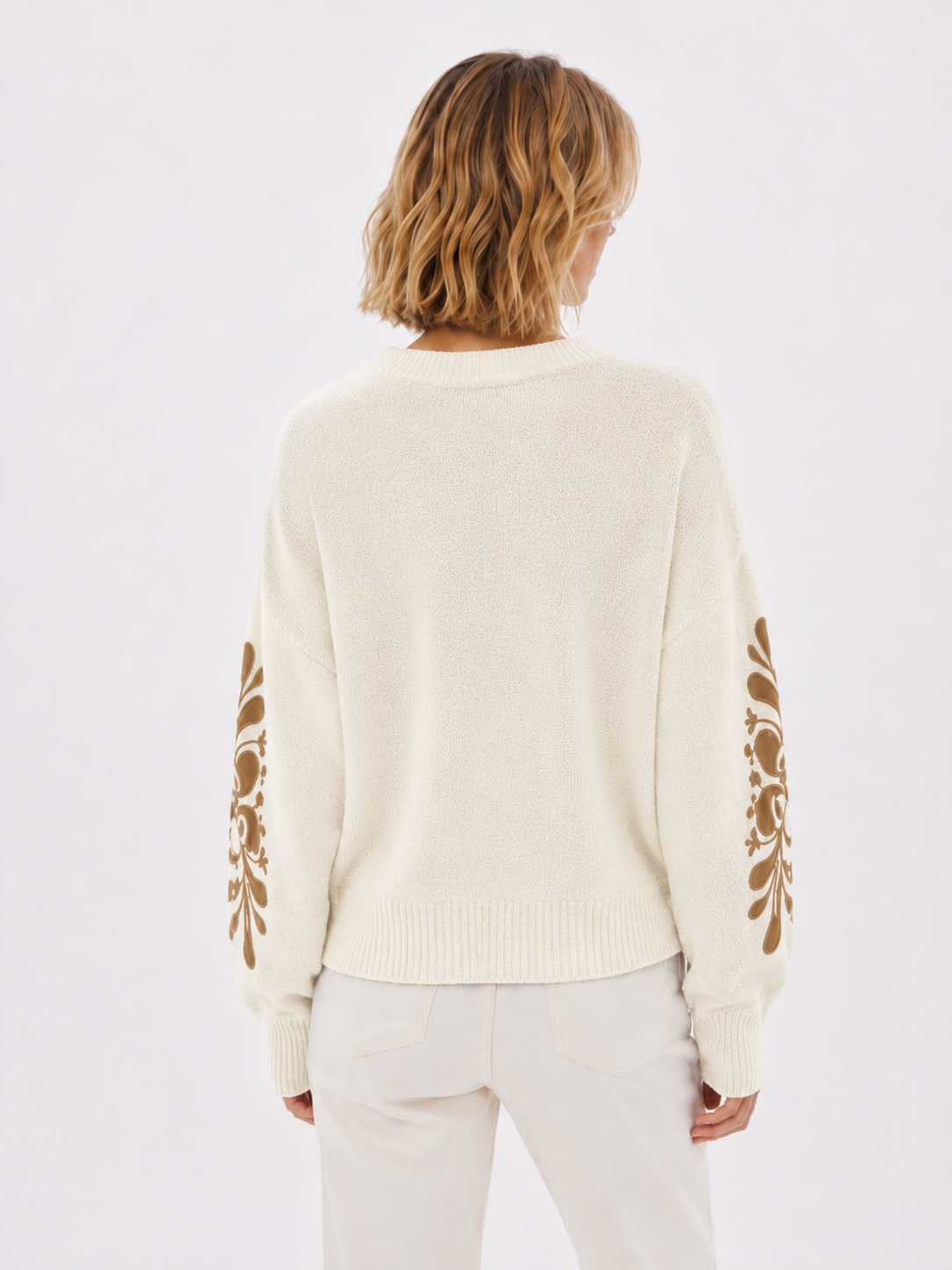 Knitted Jumper with Embroidered Sleeves  - Winter White & Beige