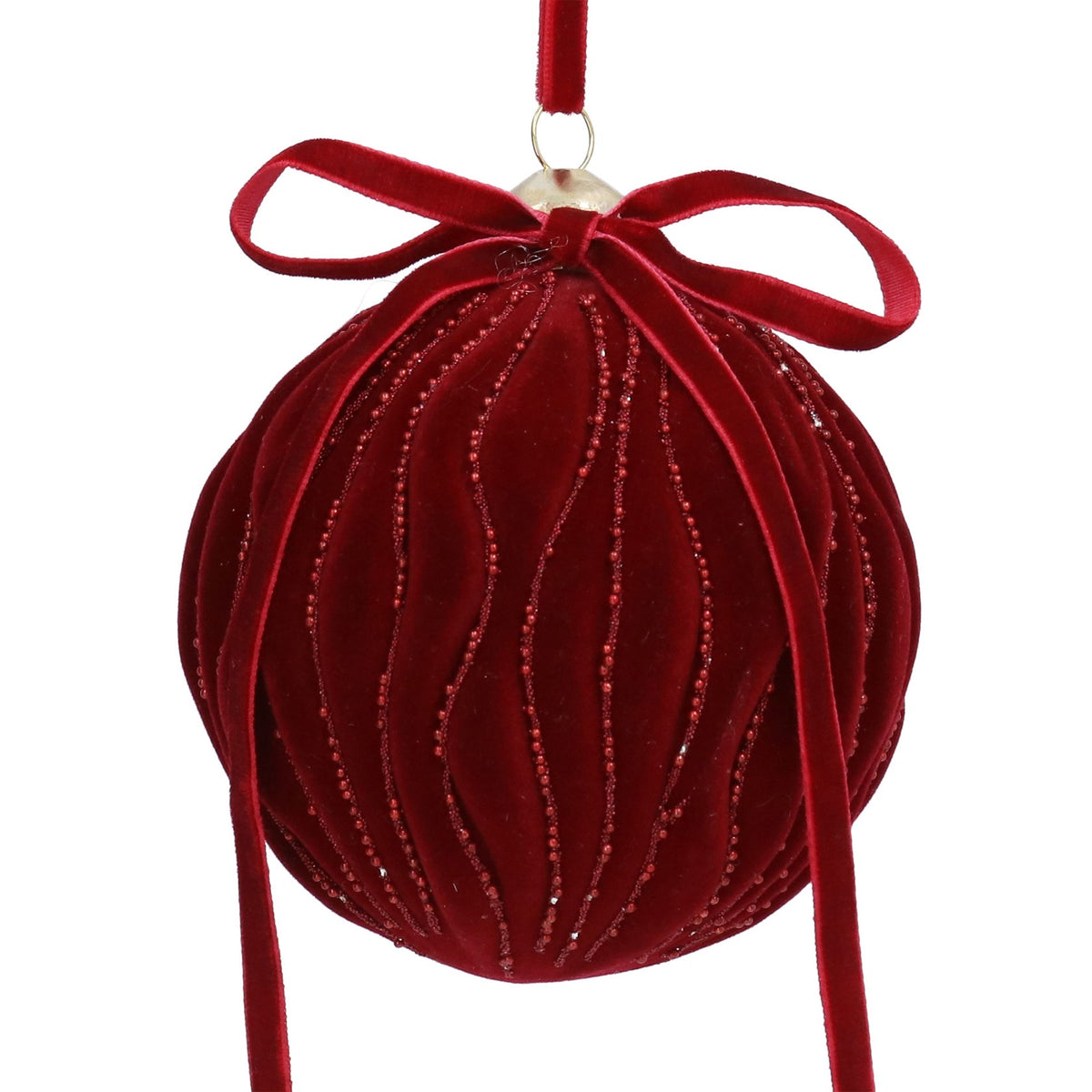 Burgundy Velvet Glass Bauble with Glitter Wave Details