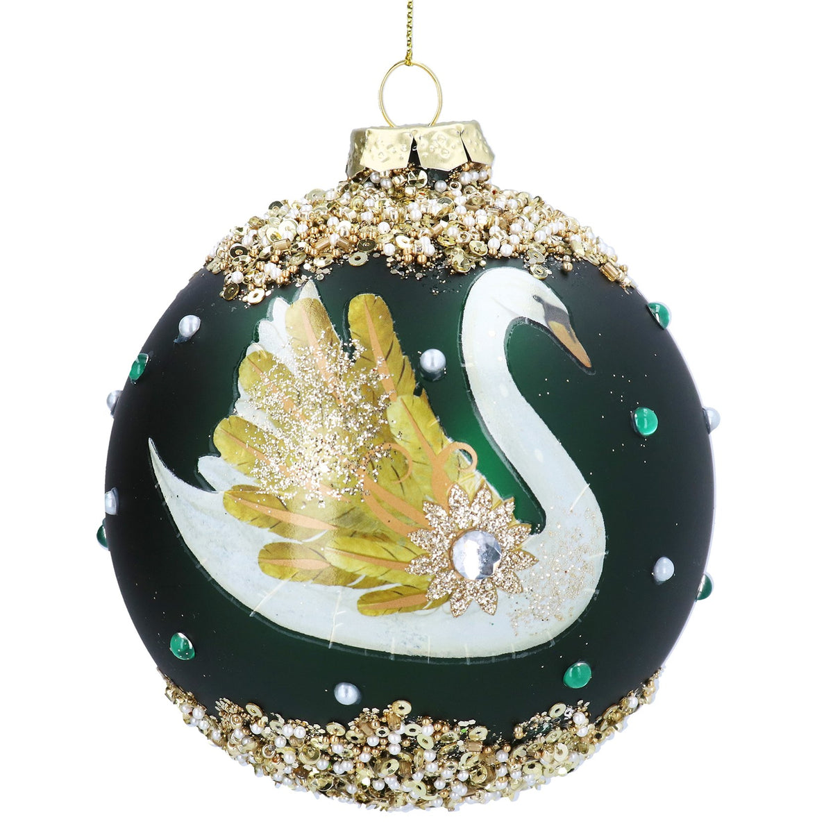 Green & Gold Jewelled Swan Glass Bauble