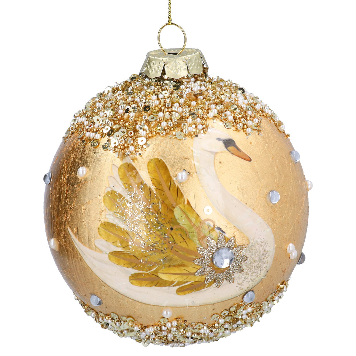Gold Jewelled Swan Glass Bauble