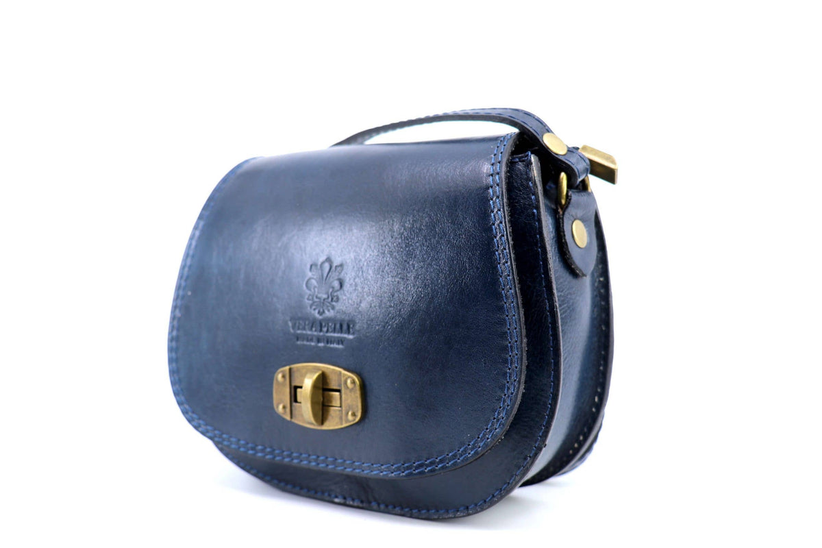 Italian Leather Crossbody Saddle Bag with Turn Lock - Navy