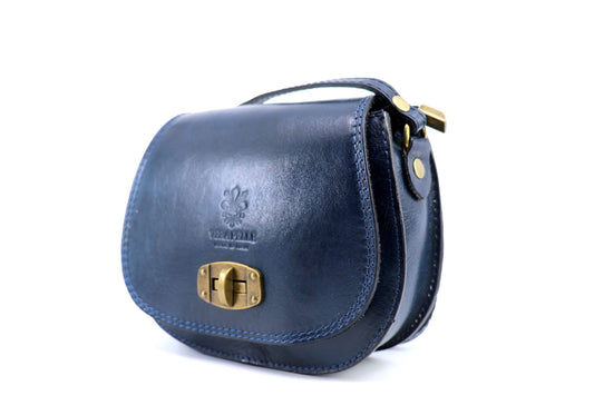 Italian Leather Crossbody Saddle Bag with Turn Lock - Navy