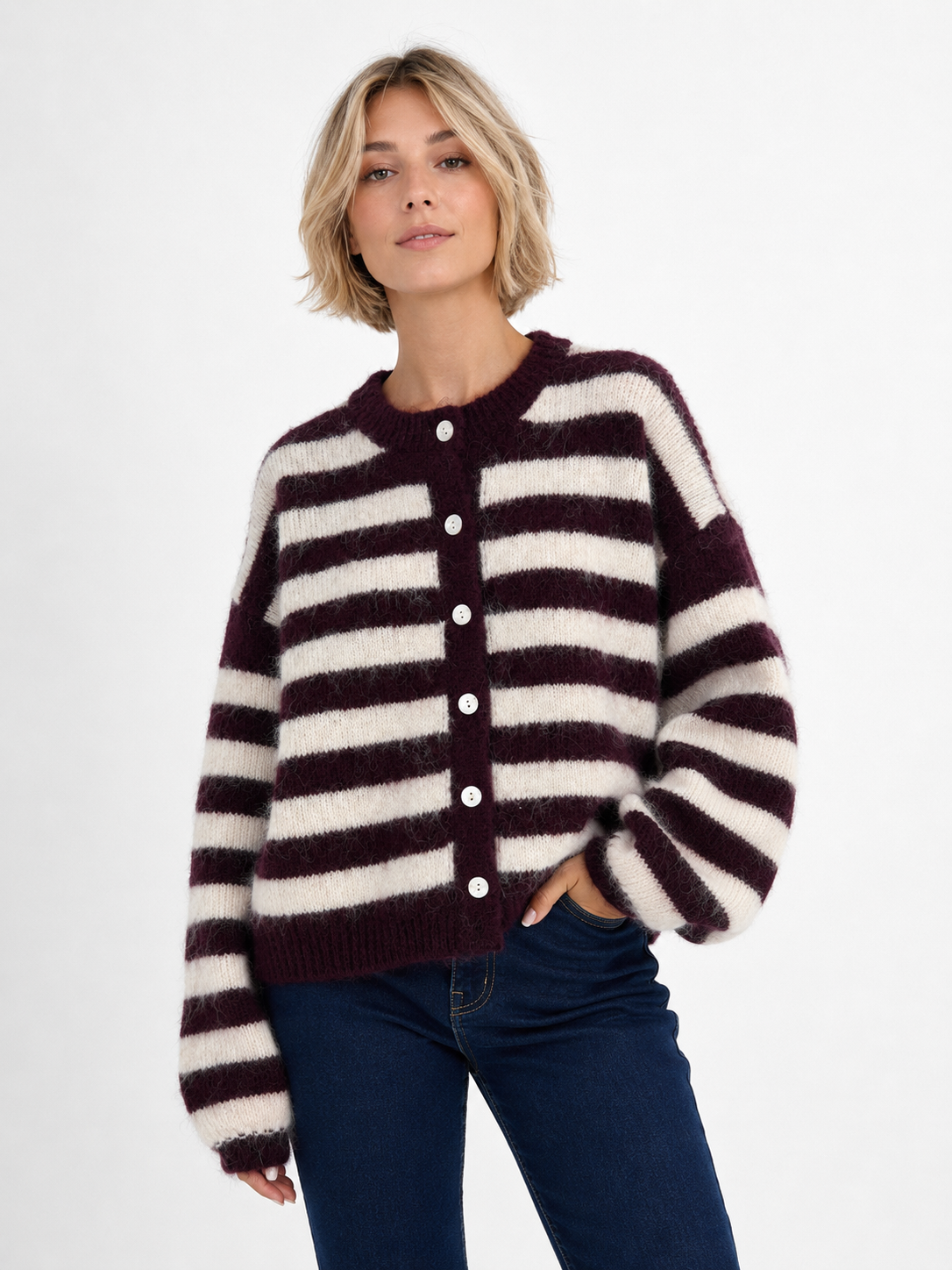Striped Knit Cardigan – Bordeaux / One size