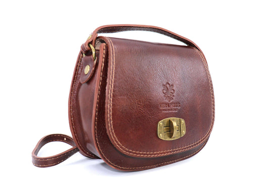 Italian Leather Crossbody Saddle Bag with Turn Lock: Brown