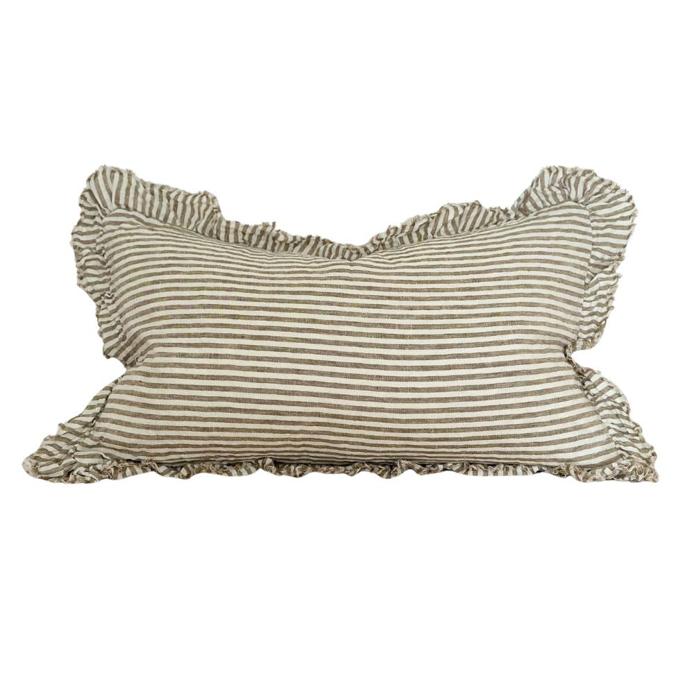 Olive Stripe Ruffled Linen Cushion