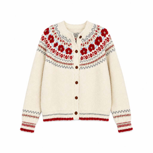 Fair Isle Cardigan in Cream & Red: One-Size