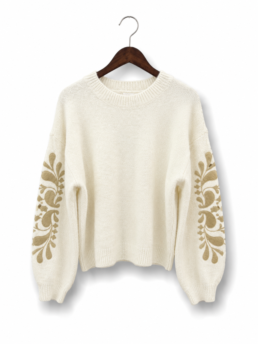 Knitted Jumper with Embroidered Sleeves  - Winter White & Beige