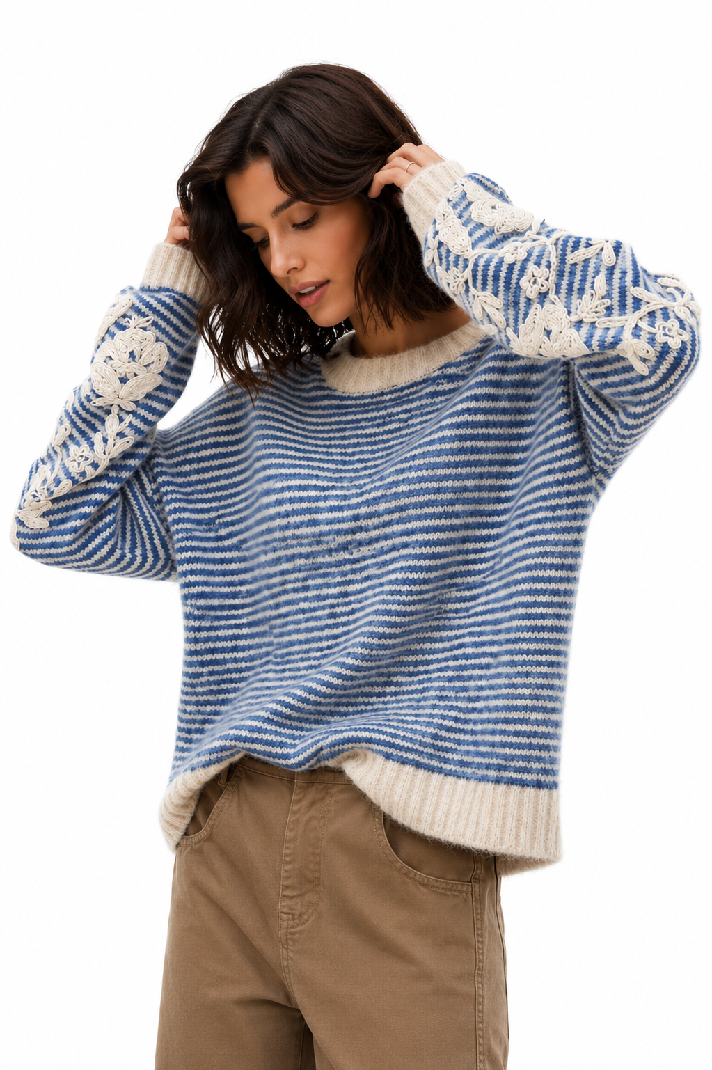 Jumper with floral embroidery - Blue stripe / One size