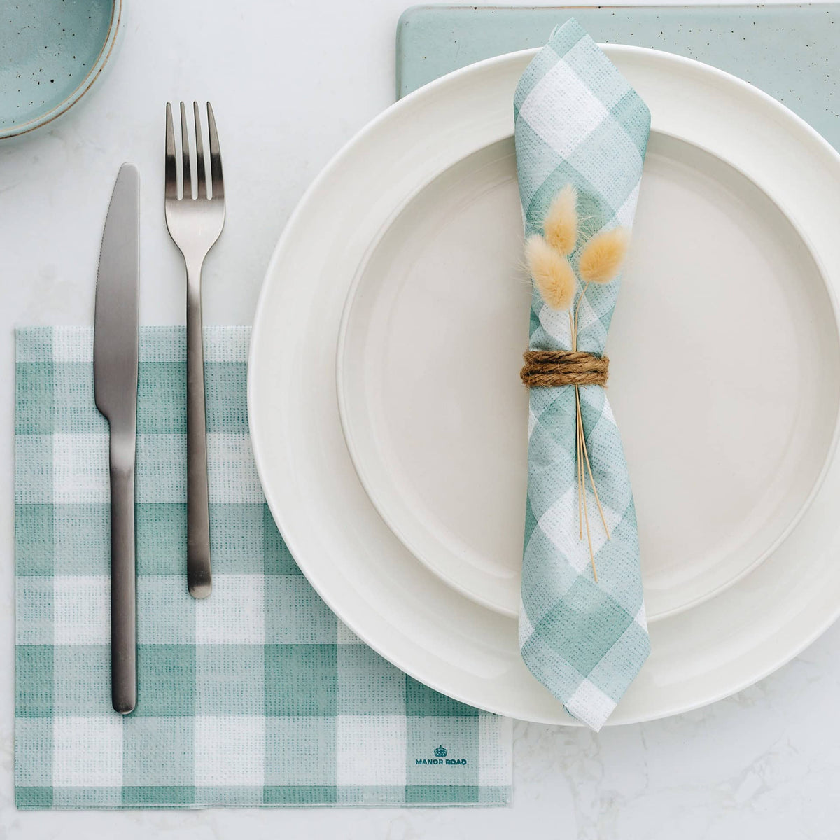 Linen Look Gingham Duck Egg Napkins - Dinner