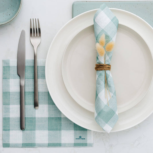 Linen Look Gingham Duck Egg Napkins - Dinner