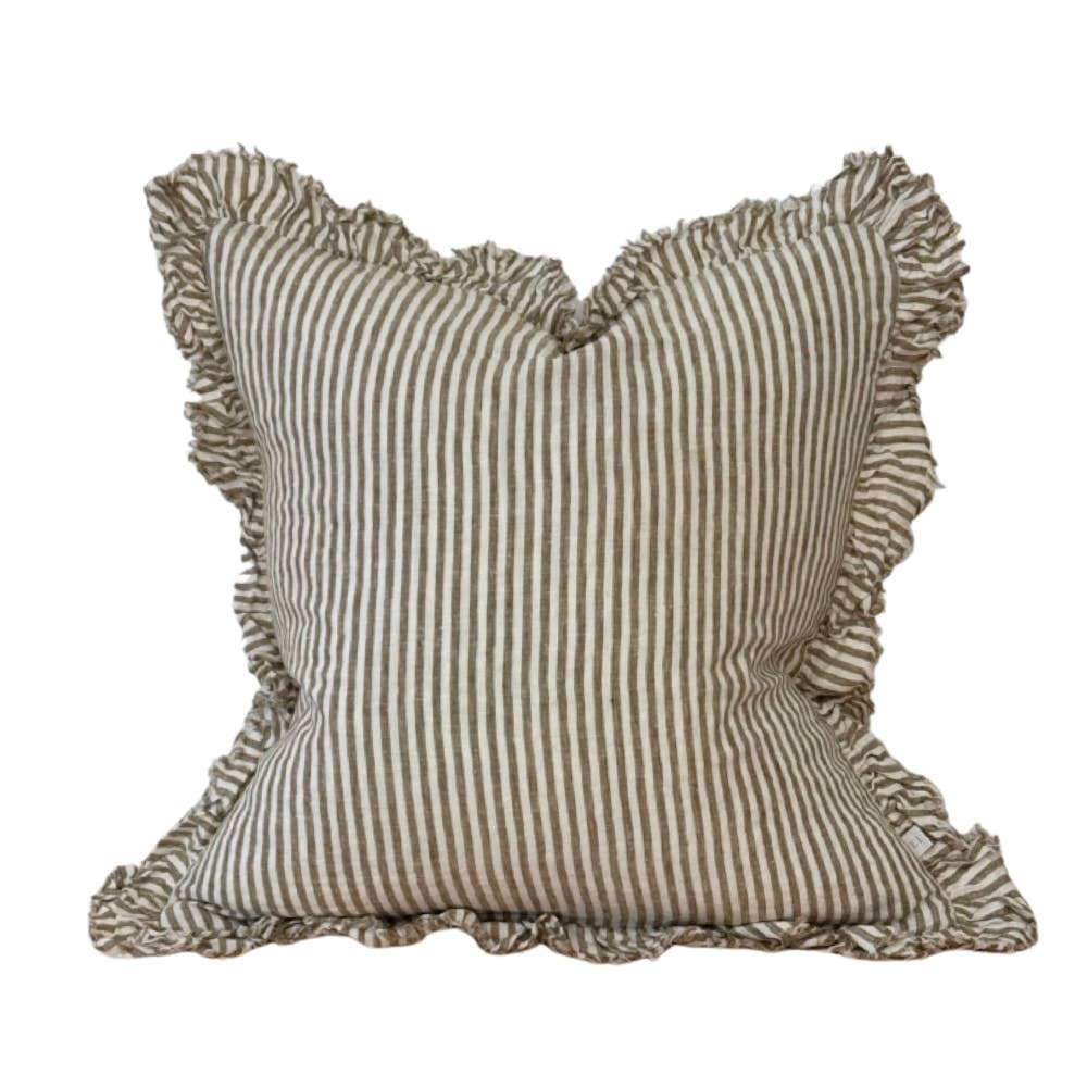 Olive Stripe Ruffled Linen Cushion