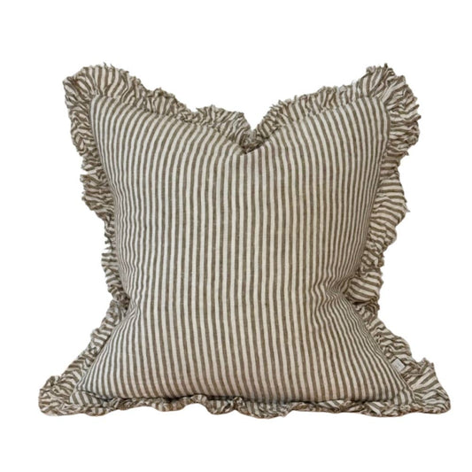 Olive Stripe Ruffled Linen Cushion