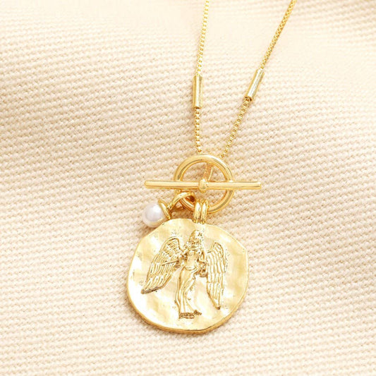 T-Bar Angel Coin Pendant Necklace in Gold