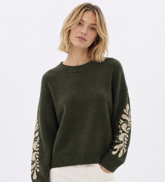 Knitted Jumper with Embroidered Sleeves – Khaki