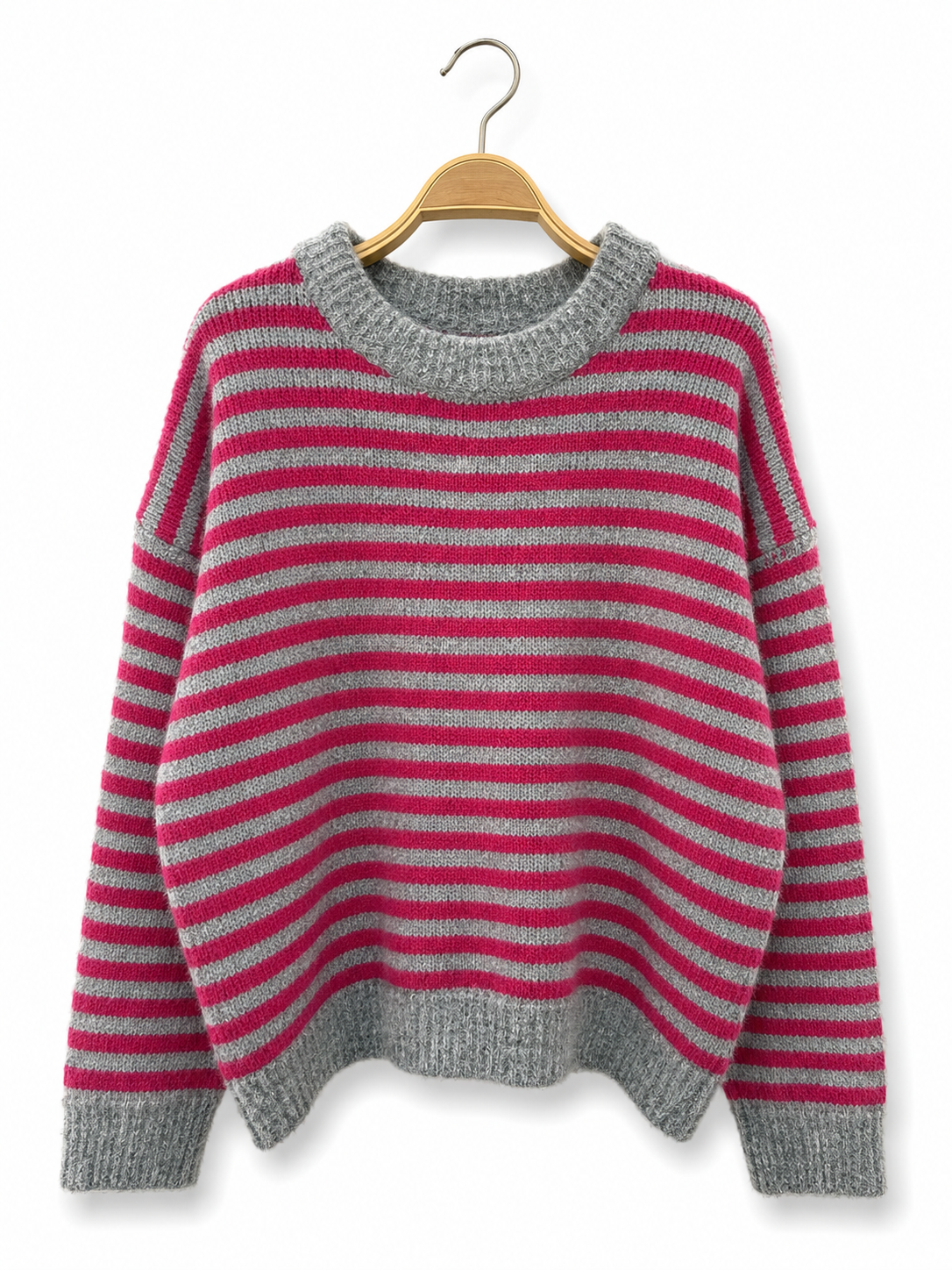 Striped Knitted Jumper – Pink/Grey Stripe / One Size