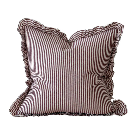 Darcy Ruffle Cotton Cushion 45x45 - Burgundy Stripe