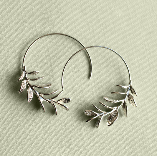 Botanical Leaf Hoop Earrings: Silver / Yes Please / 5cm