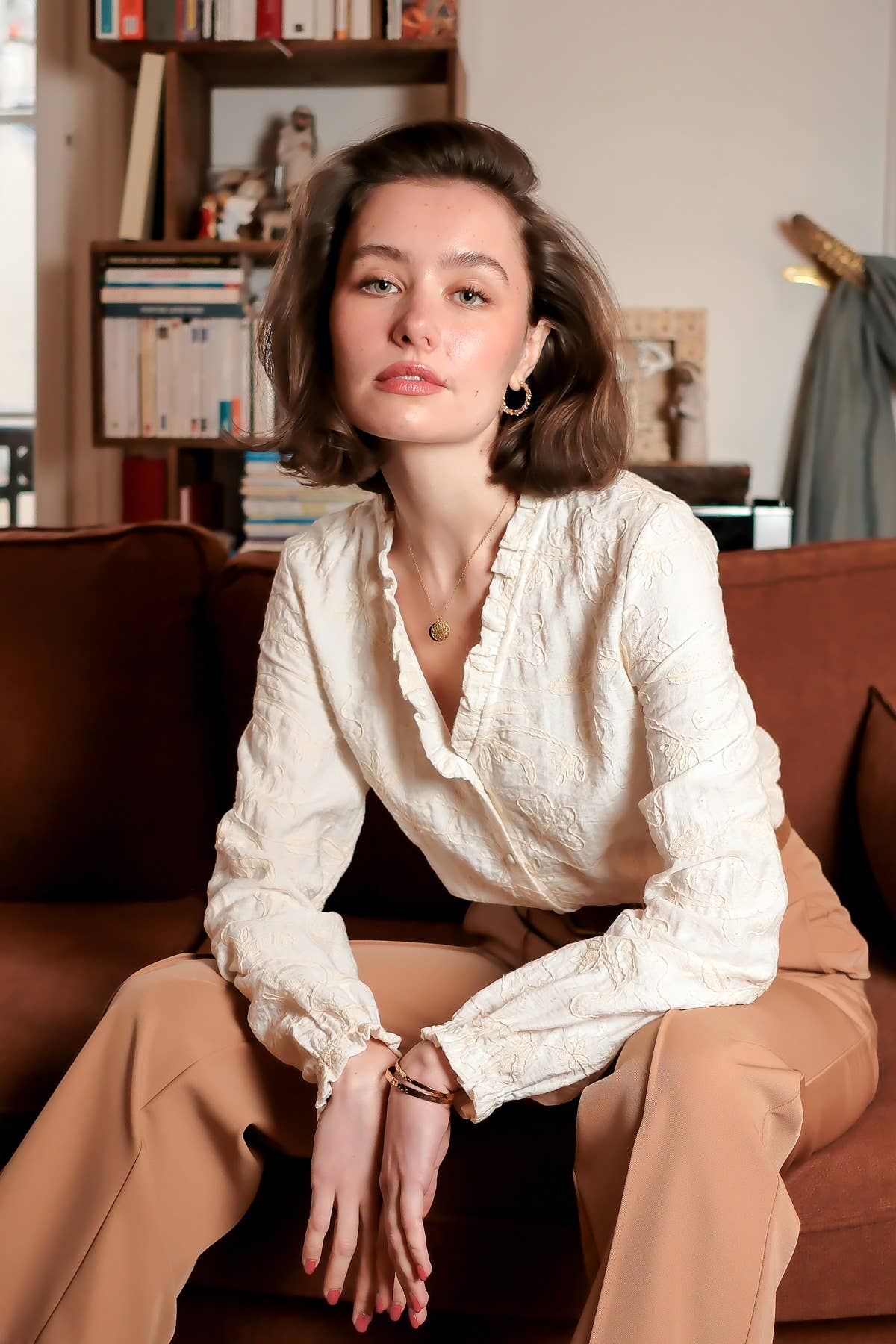 Gwendolyn Embroidered V-neck Ruffled blouse - cream