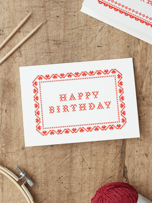 Cross Stitch Happy Birthday Greeting Card | Screen Print Art: No (Naked)