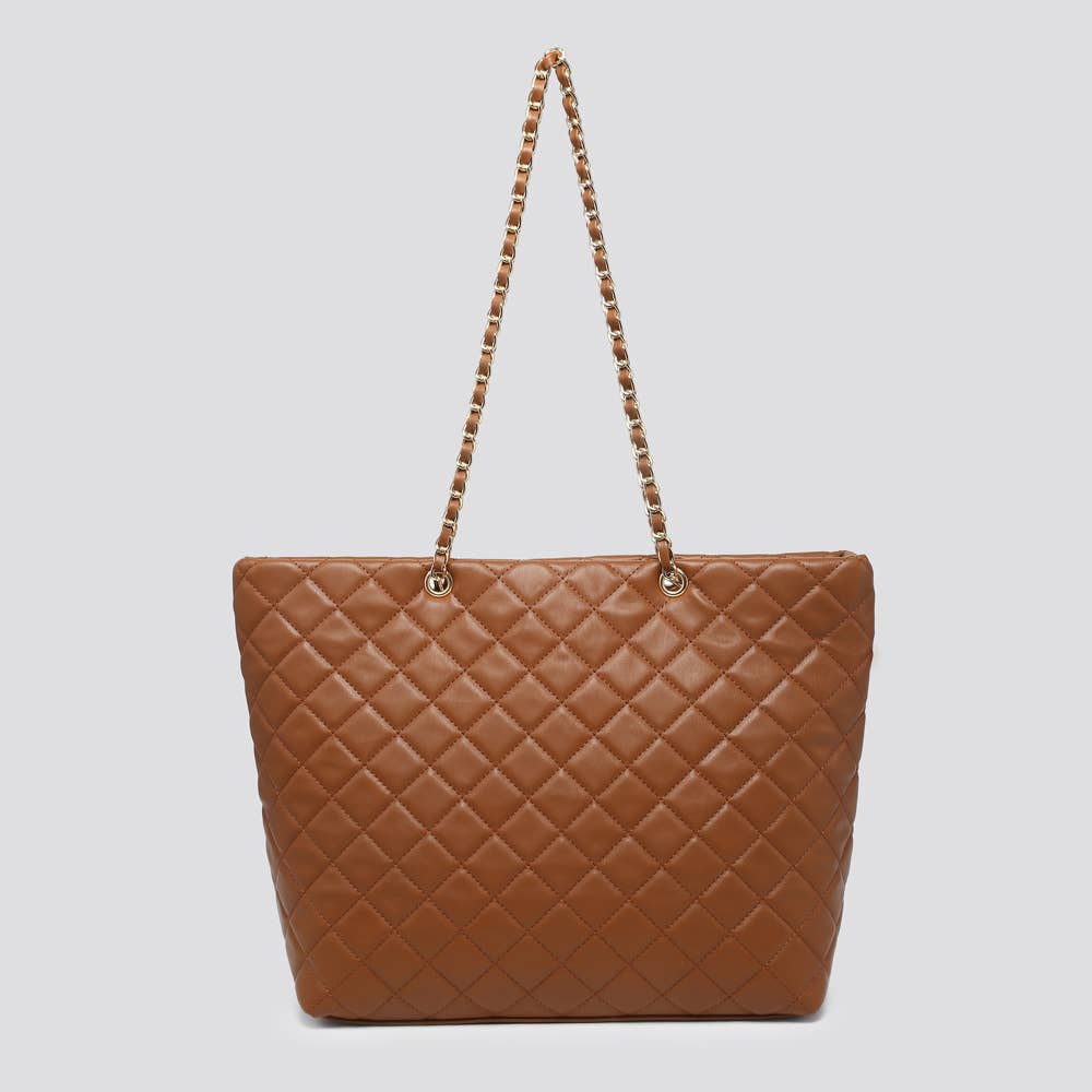 Quilted Vegan Leather Large Tote Bag - Brown