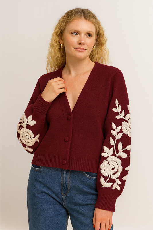 Floral Embroidered Cardigan - Bordeaux